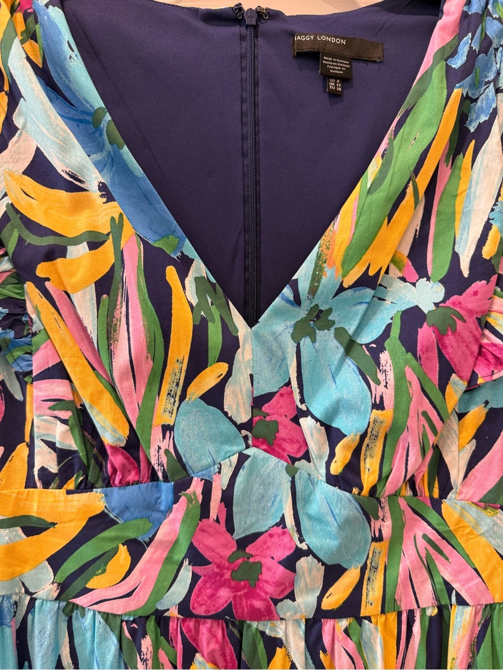 Floral Ruffle V-Neck Maxi Dress Size M Navy/Aqua - Picture 14 of 14